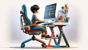 ребенок за компьютером в инновационном кресле с интерактивными элементами